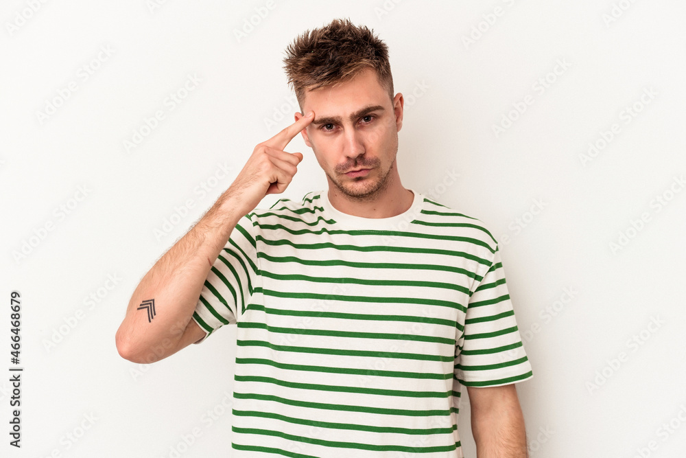 Young caucasian man isolated on white background pointing temple with finger, thinking, focused on a task. Young caucasian man isolated on white background pointing temple with finger, thinking, focused on a task.