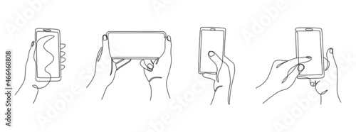 One line hands with phones. Continuous line female hands holding gadgets in portrait and landscape modes, touching on the screen. Vector monoline smartphone using