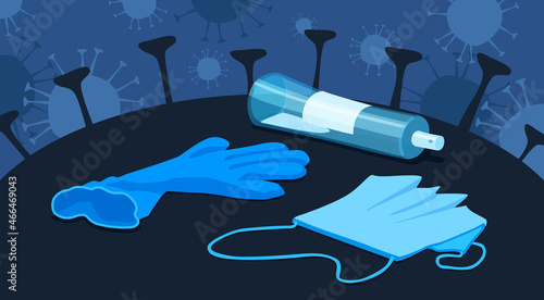 Coronavirus waste. Used mask, glove, antiseptic spray bottle. Covid-19 garbage, pollution, trash. A vector cartoon illustration.