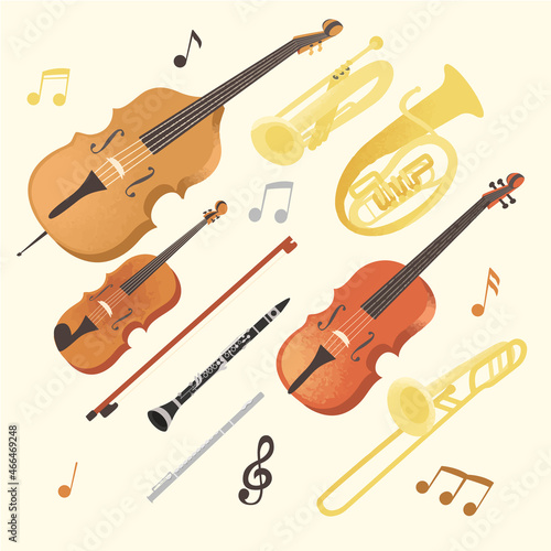 Set musical instruments: oboes, double bass, flute, trombone, tuba, violin, viola.