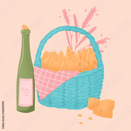 The basket full of cheese and bottle of wine vector hand drawn illustration. Picnic basket with delicious meals and snacks.