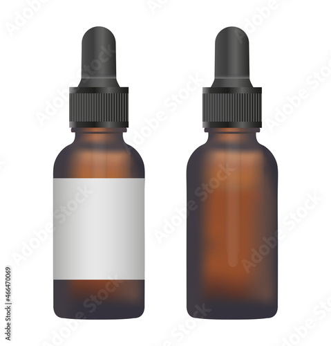 Vector realistic illustration of an amber glass dropper bottle. Two realistic bottles – transparent and with label. Mock-up or template isolated on white. Bottle for medical, cosmetic or beauty needs.
