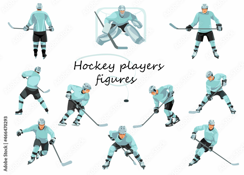 Vector figures of hockey players in various poses in light blue sports uniforms with clubs Vector figures of hockey players in various poses in light blue sports uniforms with clubs