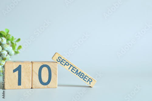 September 10, Calendar cover design with number cube with green fruit on blue background.