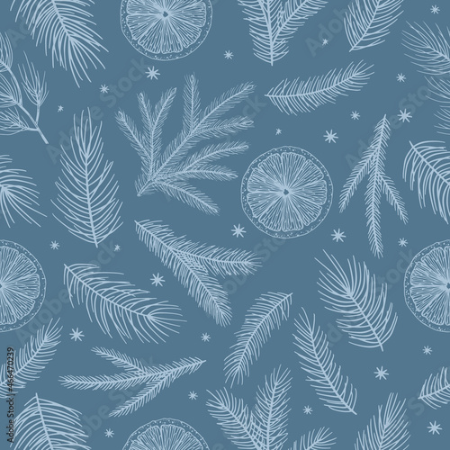 Xmas Seamless pattern with Christmas Tree Decorations, Pine Branches hand drawn art design vector illustration.