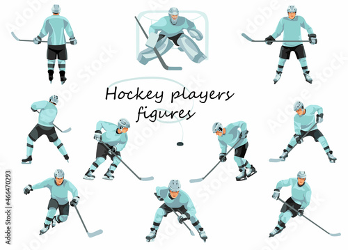 Vector figures of hockey players in various poses in light blue sports uniforms with clubs