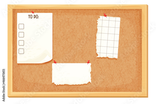  Bulletin Board, cork desk in wooden frame in cartoon style isolated on white background. Grain texture, wall schedule. 