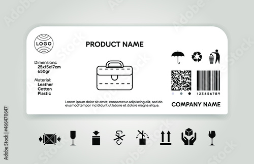 Product description sticker. Goods id card. Dimensions and material descriptor. Cargo label. Shipping icons. Package brand depiction. Industrial design specification. Vector illustration mockup.