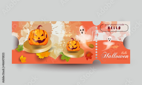 Halloween promotion voucher banner or party invitation background with fun pumpkin faces