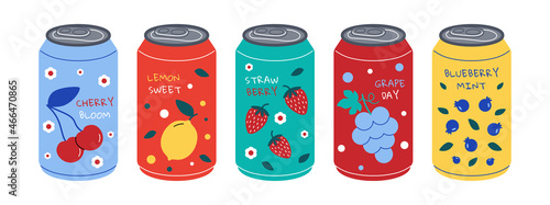 Soda can. Sweet fizzy water with different tastes, colorful cold drink with juice and sweeteners, cartoon energy drink container. Vector isolated set