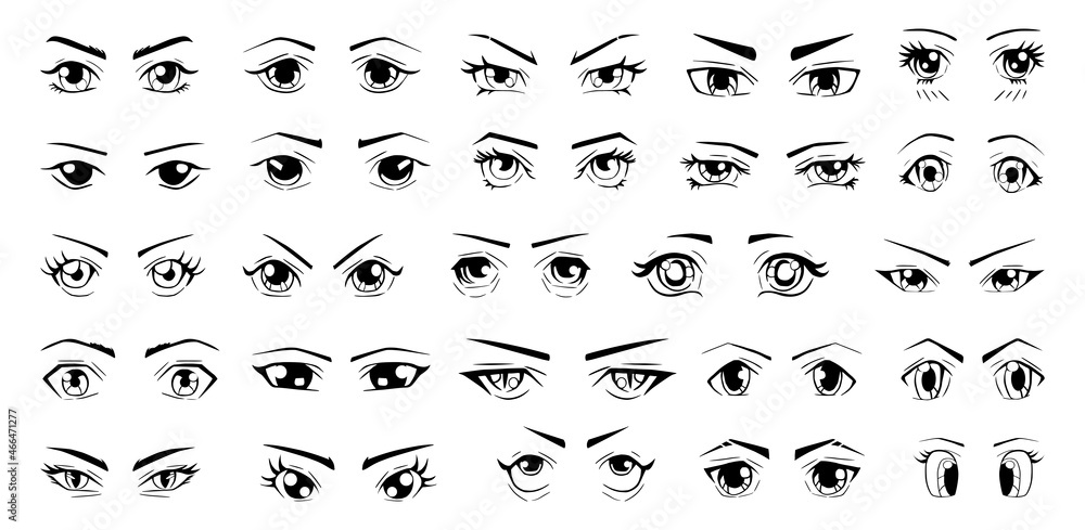 Obraz premium Collection of sketches of eyes with different emotions in the Japanese style.