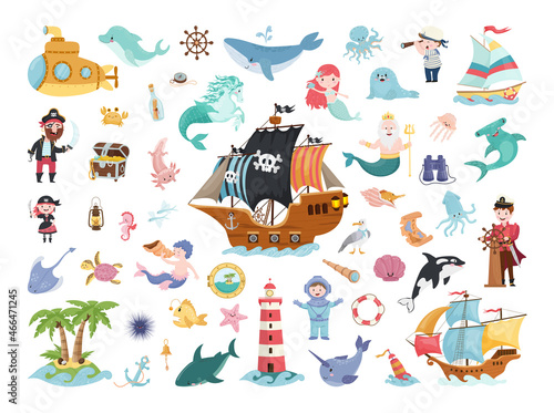 A set of cute children's characters related to the sea, adventure and marine life. Flat illustration.