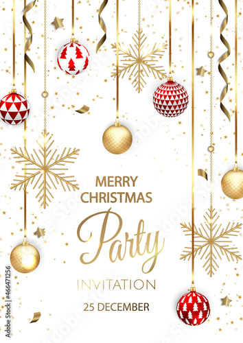 Merry Christmas Party invitation. Happy New Year card Decoration. Winter background. Seasonal holidays.