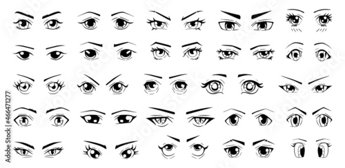 Collection of sketches of eyes with different emotions in the Japanese style.