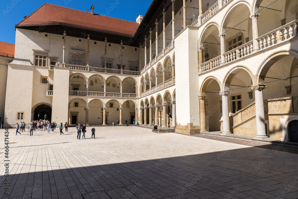 Arcades in the courtyard of the Wawel Royal Castle in Krakow, Poland.