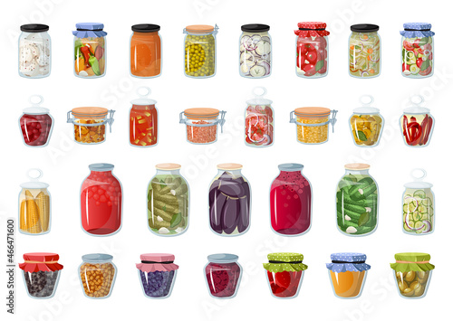 Collection of food marinades in glass jars. Vegetable and fruit preparations for the winter.