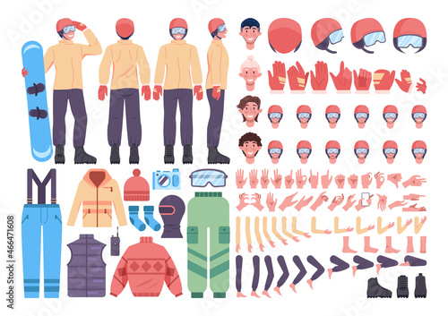 Male character with a snowboard constructor set. Snowboarder with different