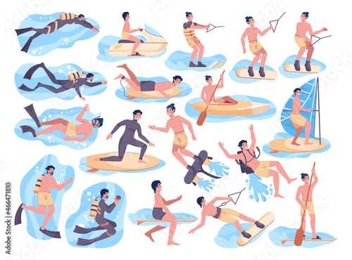 Water recreation activities set. Happy male character having summer holiday fun.