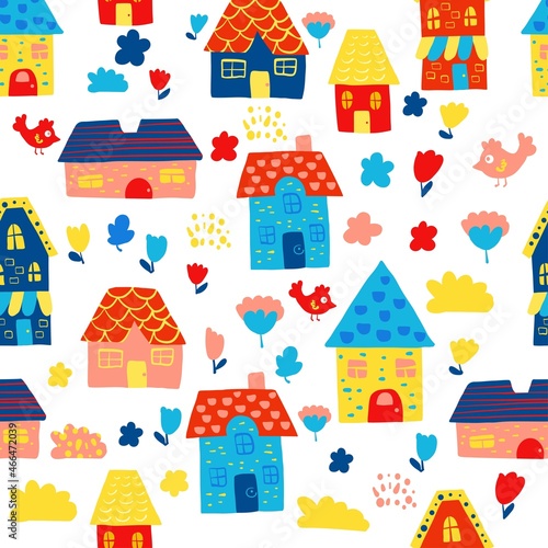 Seamless pattern of the cute doodle color houses