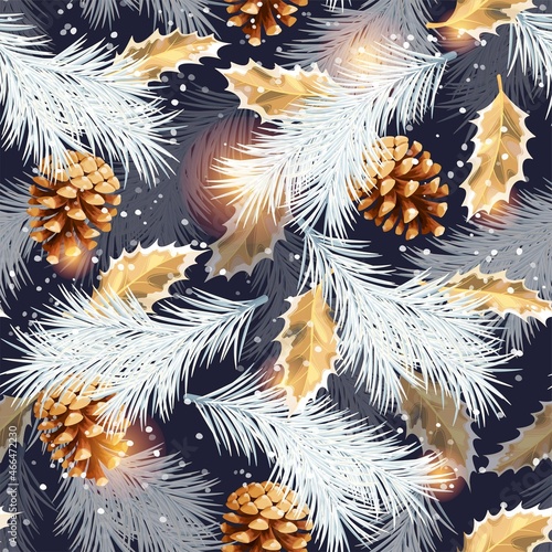 Vector seamless pattern with pine cones and holly