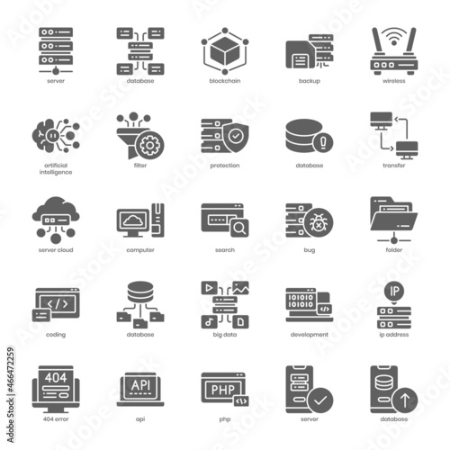 Server and Database pack for your website design, logo, app, UI. Server and Database icon glyph design. Vector graphics illustration and editable stroke.