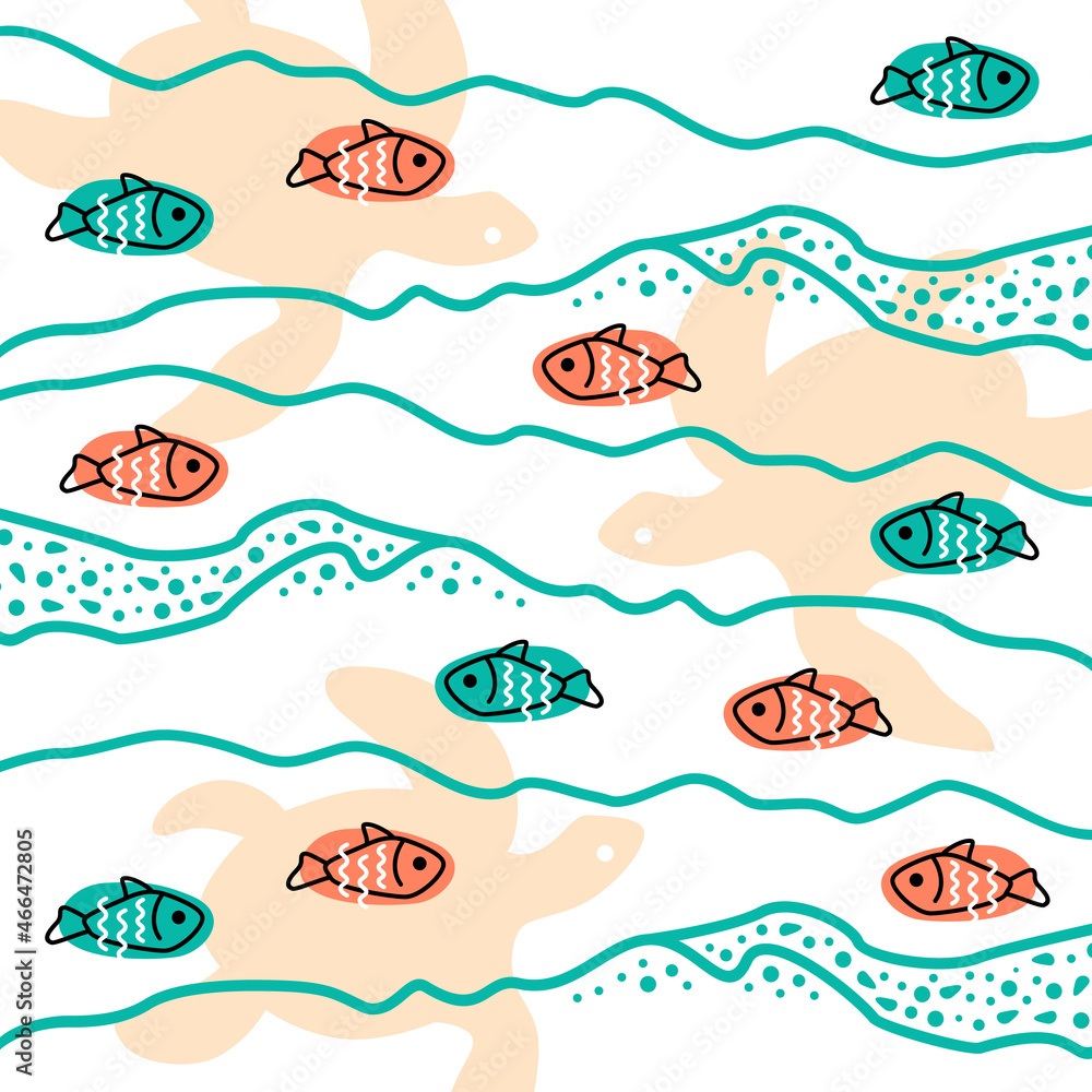 Fish and turtles. Illustration depicting the underwater world, waves and bubbles. Stylized vector pattern.