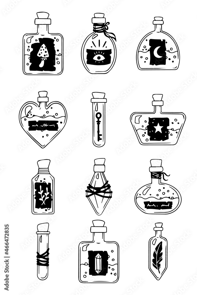 Witch bottles collection of hand drawn illustrations vector black and white icons Witch bottles collection of hand drawn illustrations vector black and white icons