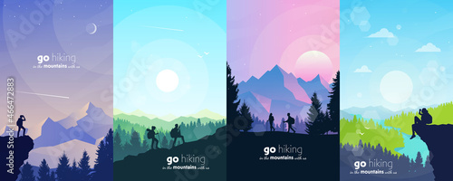 Man watches nature, climbing to top, couple going hike, support of friends. Landscapes set. Travel concept of discovering, exploring, observing nature. Hiking. Adventure tourism. Vector illustration