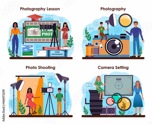 Photography school club or course set. Students learning to take photos