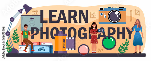 Learn photography typographic header. Photography school club or course