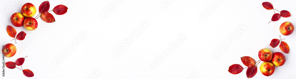 Flat lay top view banner template of red yellow apples and vibrant autumn leaves of the left and right on white background. Healthy organic autumn food and still life concept with copy space Flat lay top view banner template of red yellow apples and vibrant autumn leaves of the left and right on white background. Healthy organic autumn food and still life concept with copy space