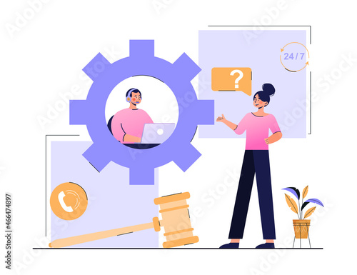 Litigation support. Woman stands next to judge big hammer and asks lawyer question via video link. Online consultation to solve problems. Employee of law firm hotline. Cartoon flat vector illustration