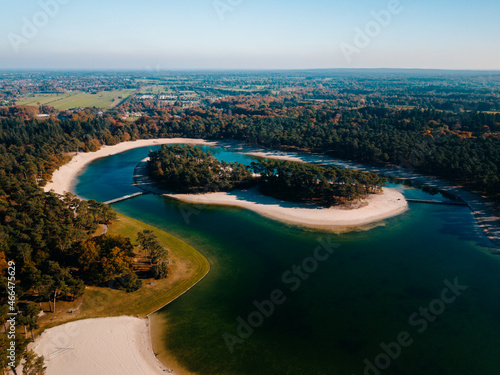 Aerial drone view of the island at the Henschotermeer Utrecht the Netherlands. 