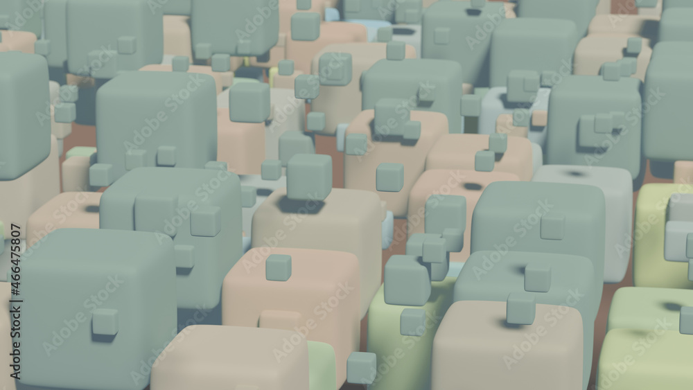 Fototapeta premium Closeup of metallic grey, green, pink 3d cubes abstract background. Small and large squares retro shade