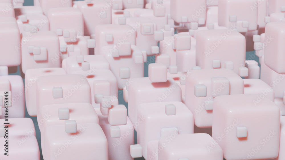 Fototapeta premium Abstract background with pink colored cubes, closeup. 3d render. Plastic material, delicate shades, large and small sizes