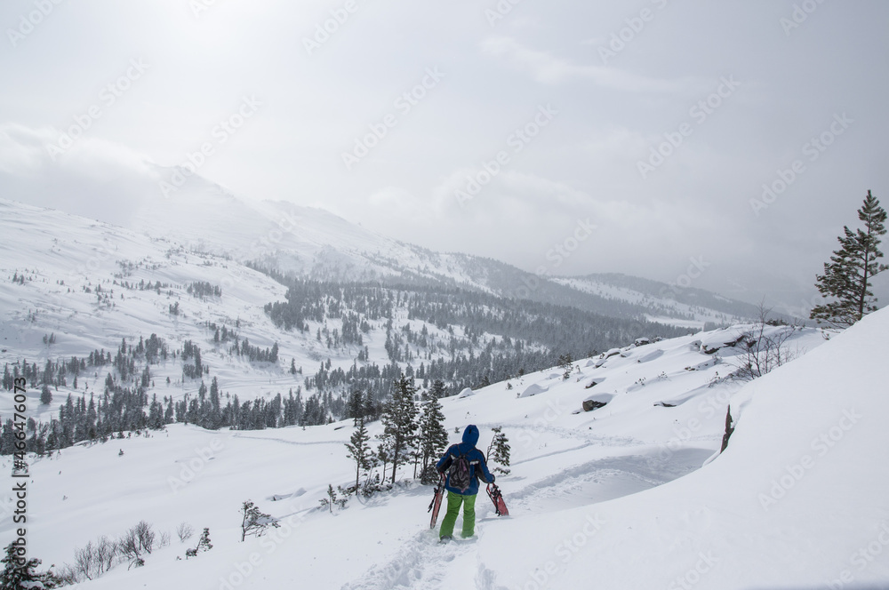 skiing in the mountains, skier on the top of mountain