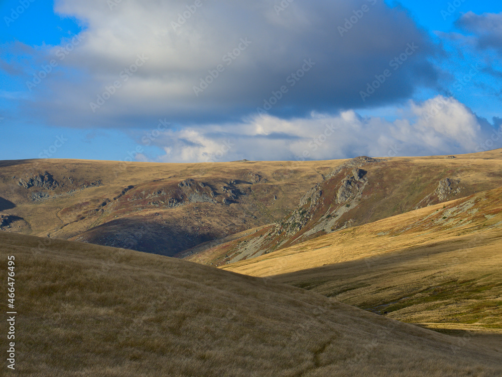 Fields of gold in mountains under heavy clouds Fields of gold in mountains under heavy clouds