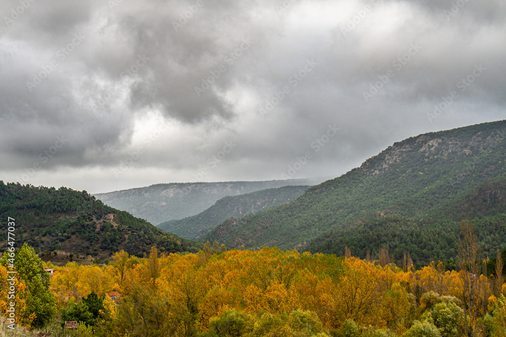 Mountainous landscape, on a rainy fall or winter day.