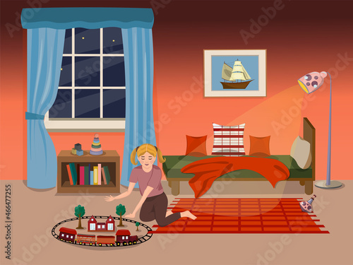 Baby girl plays in the nursery in the evening. The interior of the nursery with toys and railway. Child. Childhood. Vector illustration in cartoon style