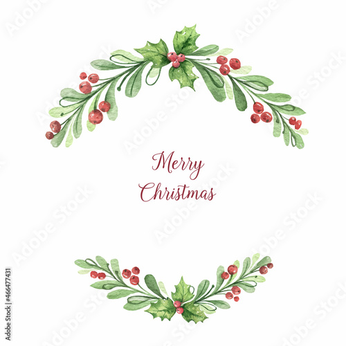 Watercolor vector Christmas wreath with green branches and red berries.