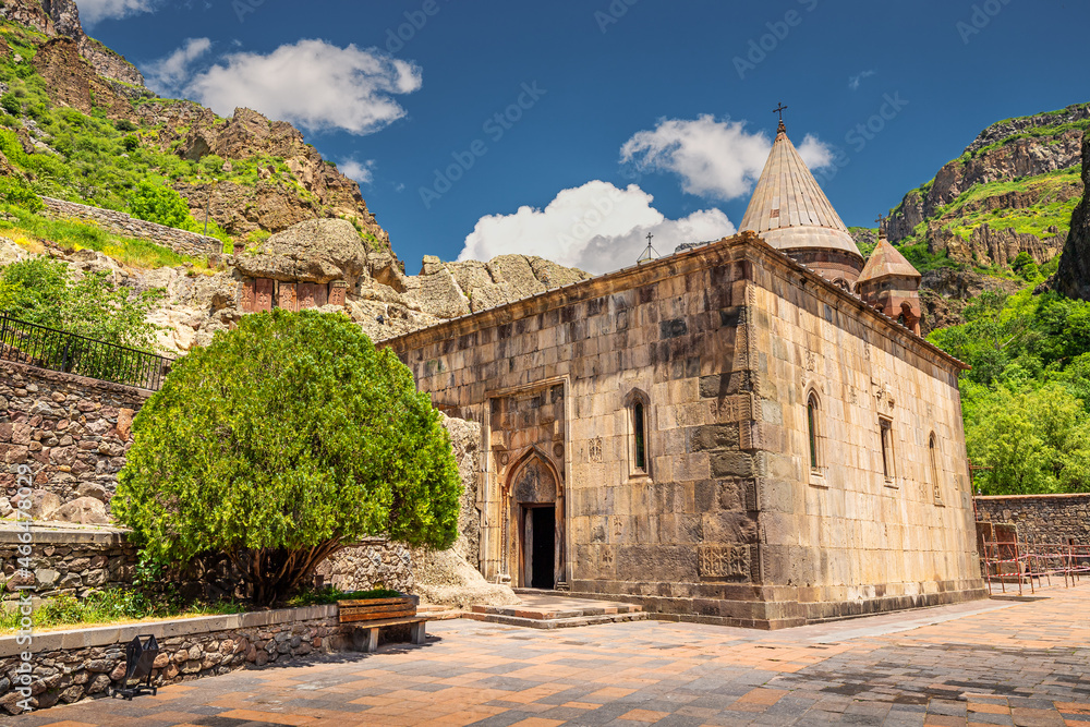 Facade of the Geghard Monastery and Church in Armenia is an important tourist and religious pilgrimage point in Kotayk province