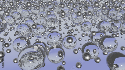 Abstract background with transparent and silver 3d spheres on a purple background