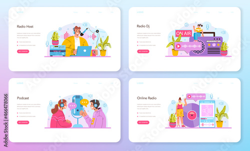 Radio host web banner or landing page set. Idea of news broadcasting