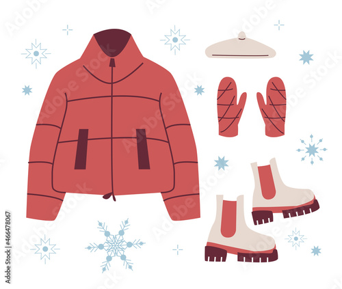 Set trendy Winter clothed. Down jacket, mittens, beret, boots. Modern Clothing for spring, autumn or winter. Vector illustration in flat style isolated on white background.