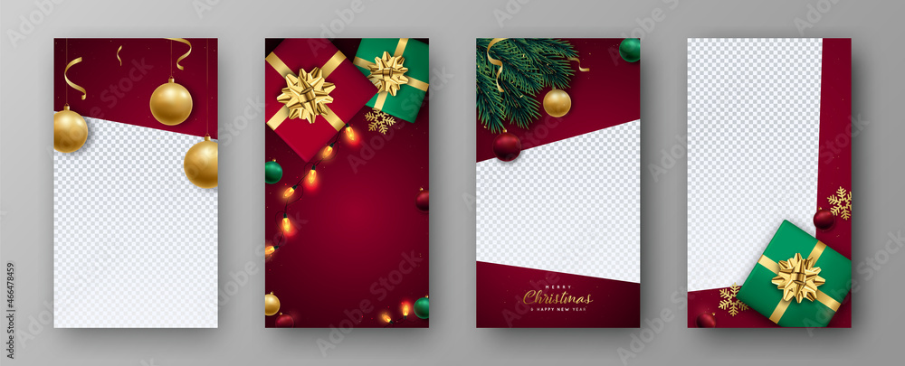 Christmas and New Year set template for instastories. Xmas decorative realistic elements. Christmas vertical banner. - obrazy, fototapety, plakaty 
