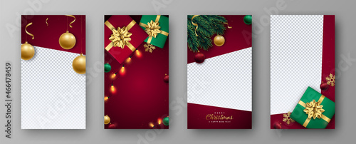 Christmas and New Year set template for instastories. Xmas decorative realistic elements. Christmas vertical banner.