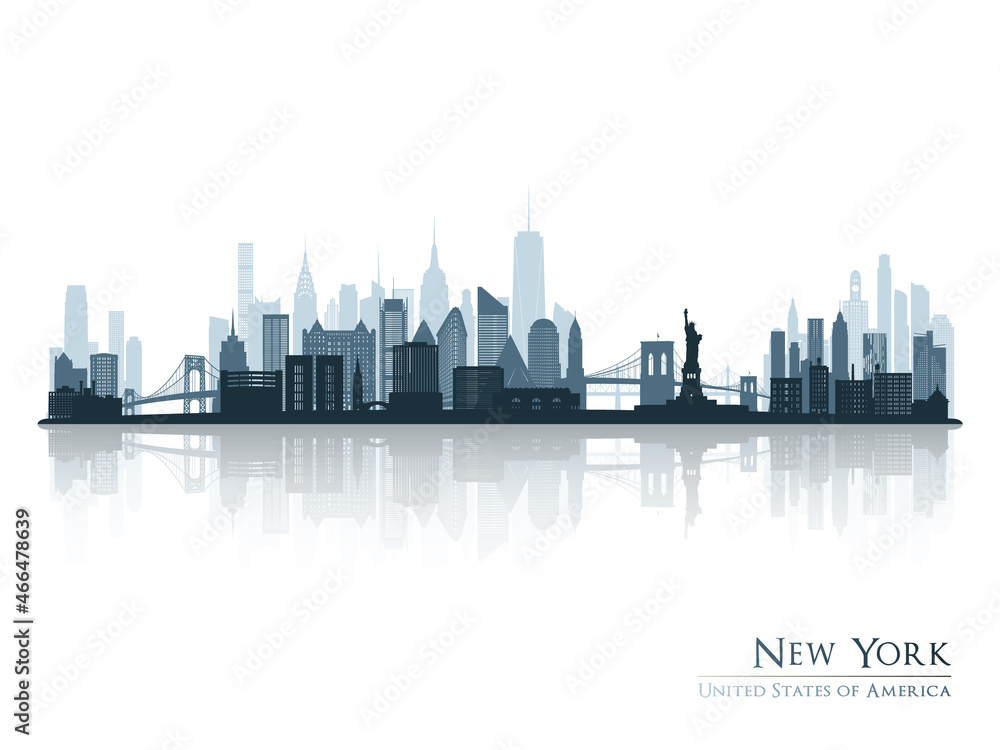 New York skyline silhouette with reflection. Landscape New York, USA. Vector illustration.