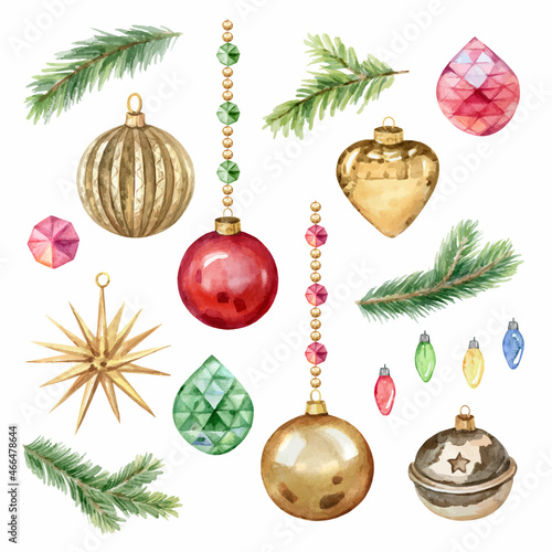 Watercolor vector set of Christmas balls, fir branches and garlands.
