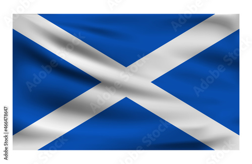 Realistic National flag of Scotland. Current state flag made of fabric. Vector illustration of lying wavy cloth in national colors of Scotland.