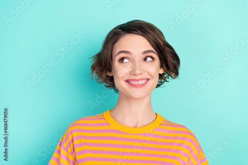 Portrait of attractive cheerful curious brown-haired girl overthinking copy space isolated over bright teal turquoise color background